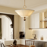 Solaria Pleated Fabric Pendant Light in Gold and Walnut for Dining and Living Spaces
