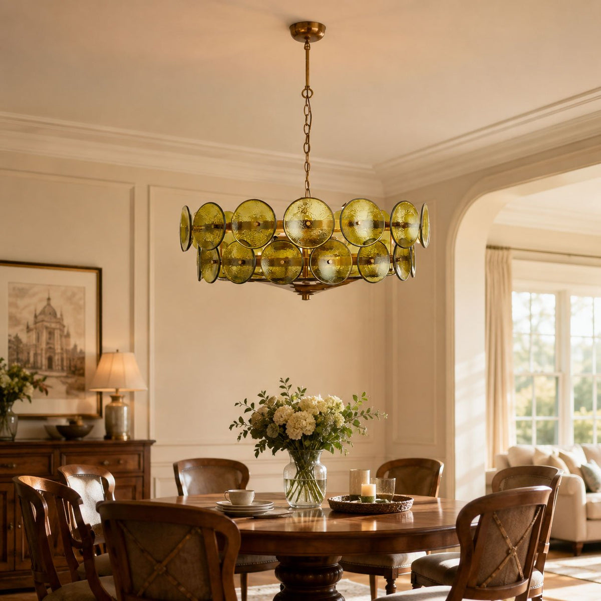 Solaris Disc Glass Chandelier – Two-Tier Gold & Murano-Style Glass Pendant