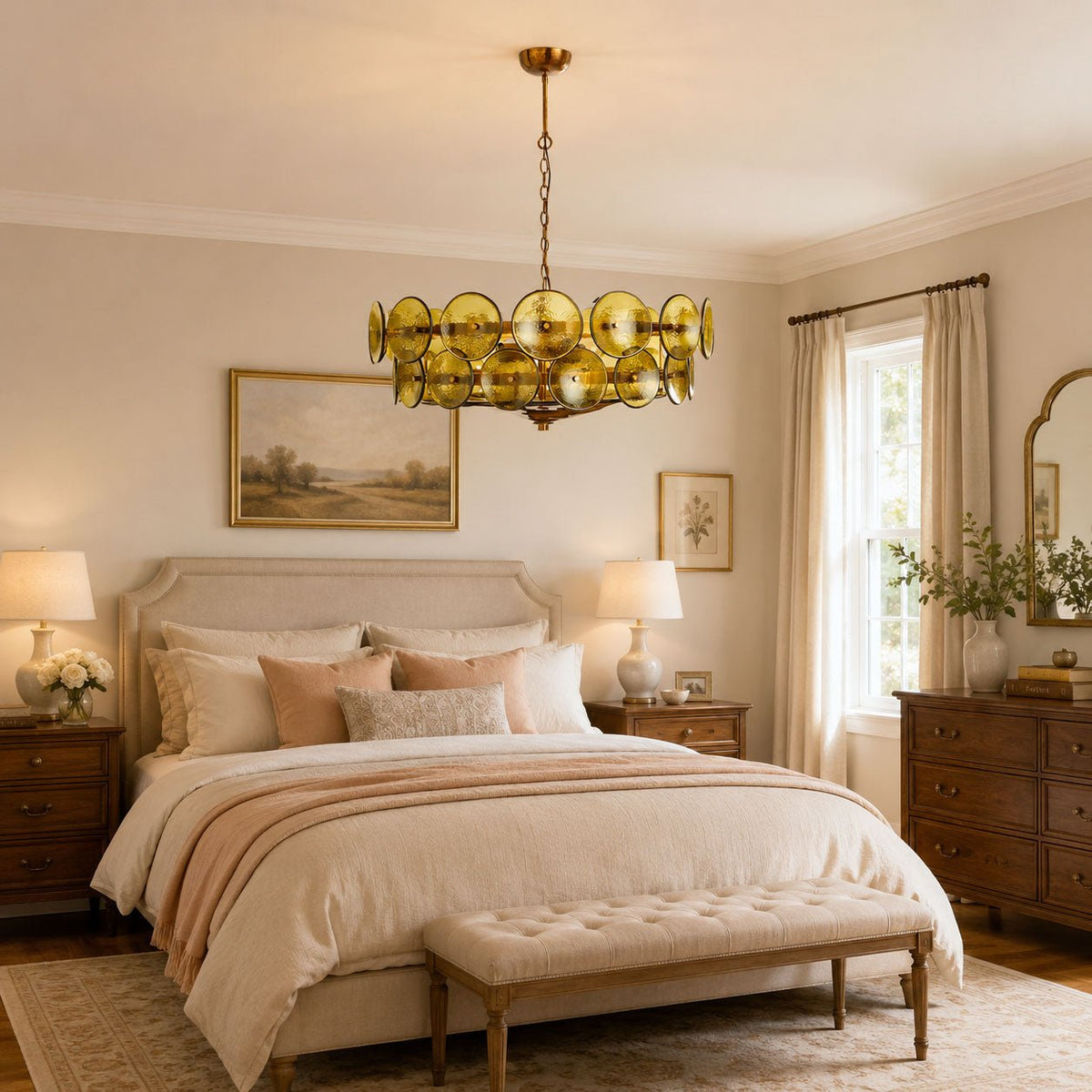 Solaris Disc Glass Chandelier – Two-Tier Gold & Murano-Style Glass Pendant