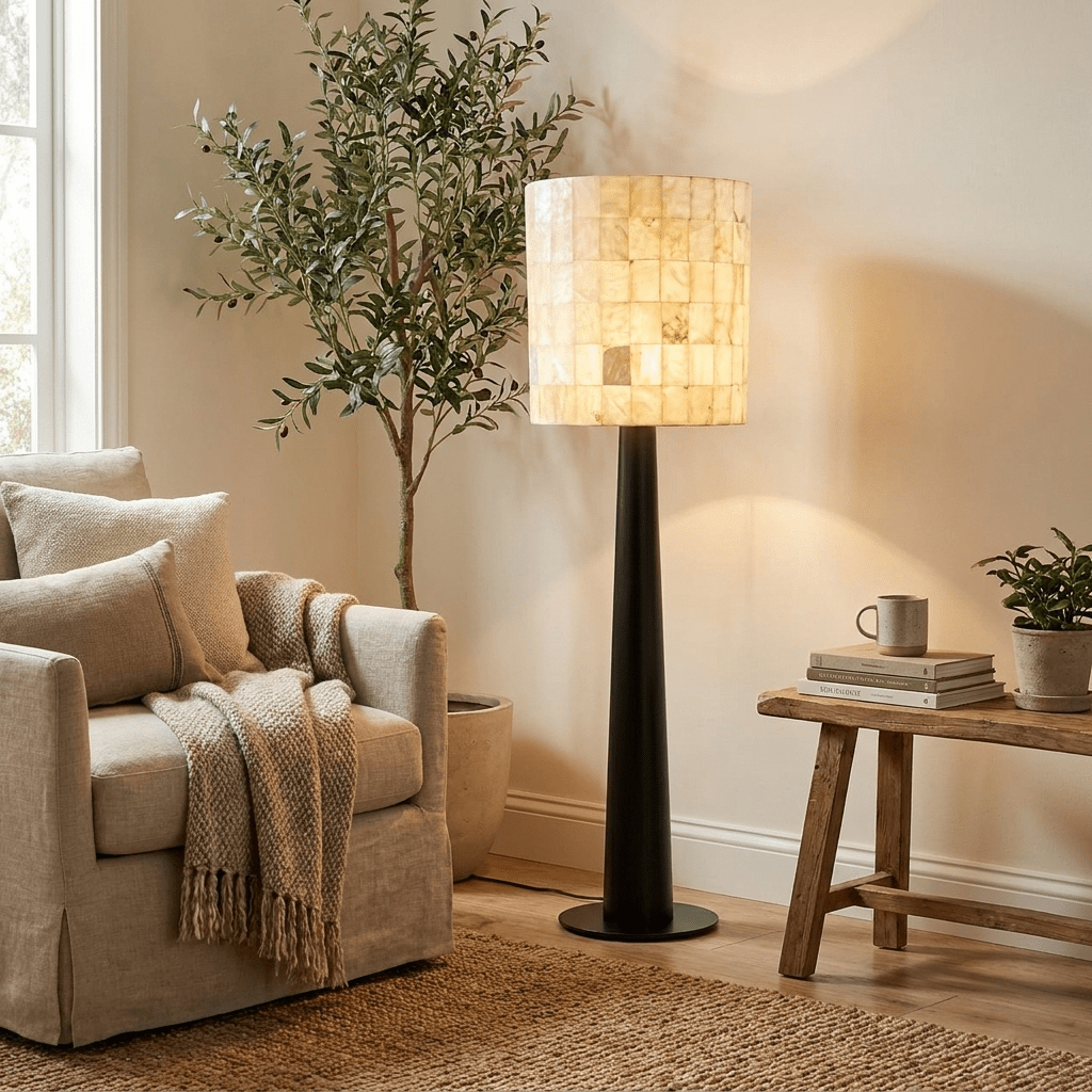 Solavera Alabaster Mosaic Floor Lamp – Handcrafted Natural Stone Lighting