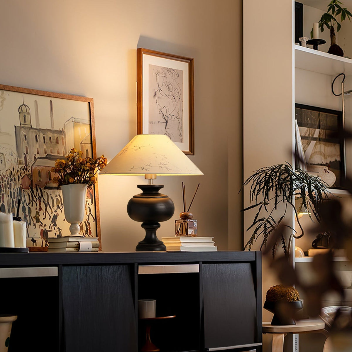 Solbloom Wood Table Lamp with Fabric Shade, Walnut or Black Finish