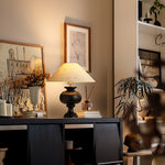 Solbloom Wood Table Lamp with Fabric Shade, Walnut or Black Finish