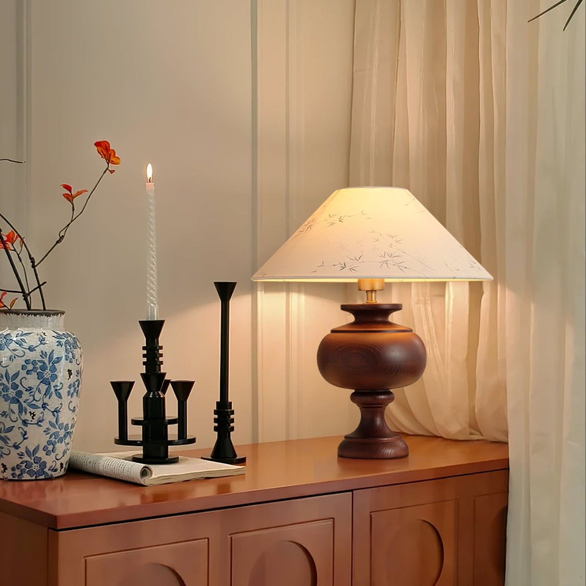 Solbloom Wood Table Lamp with Fabric Shade, Walnut or Black Finish