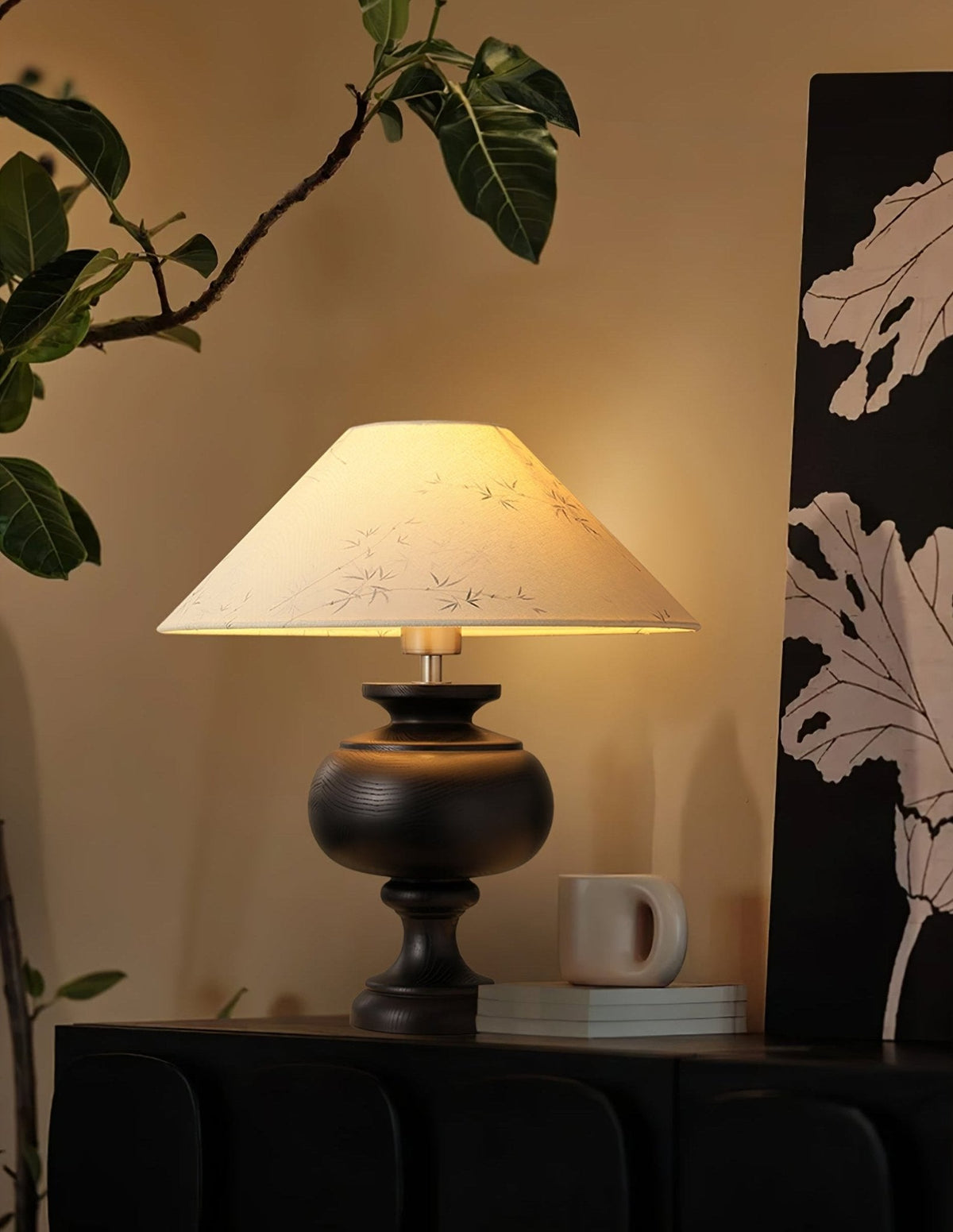 Solbloom Wood Table Lamp with Fabric Shade, Walnut or Black Finish