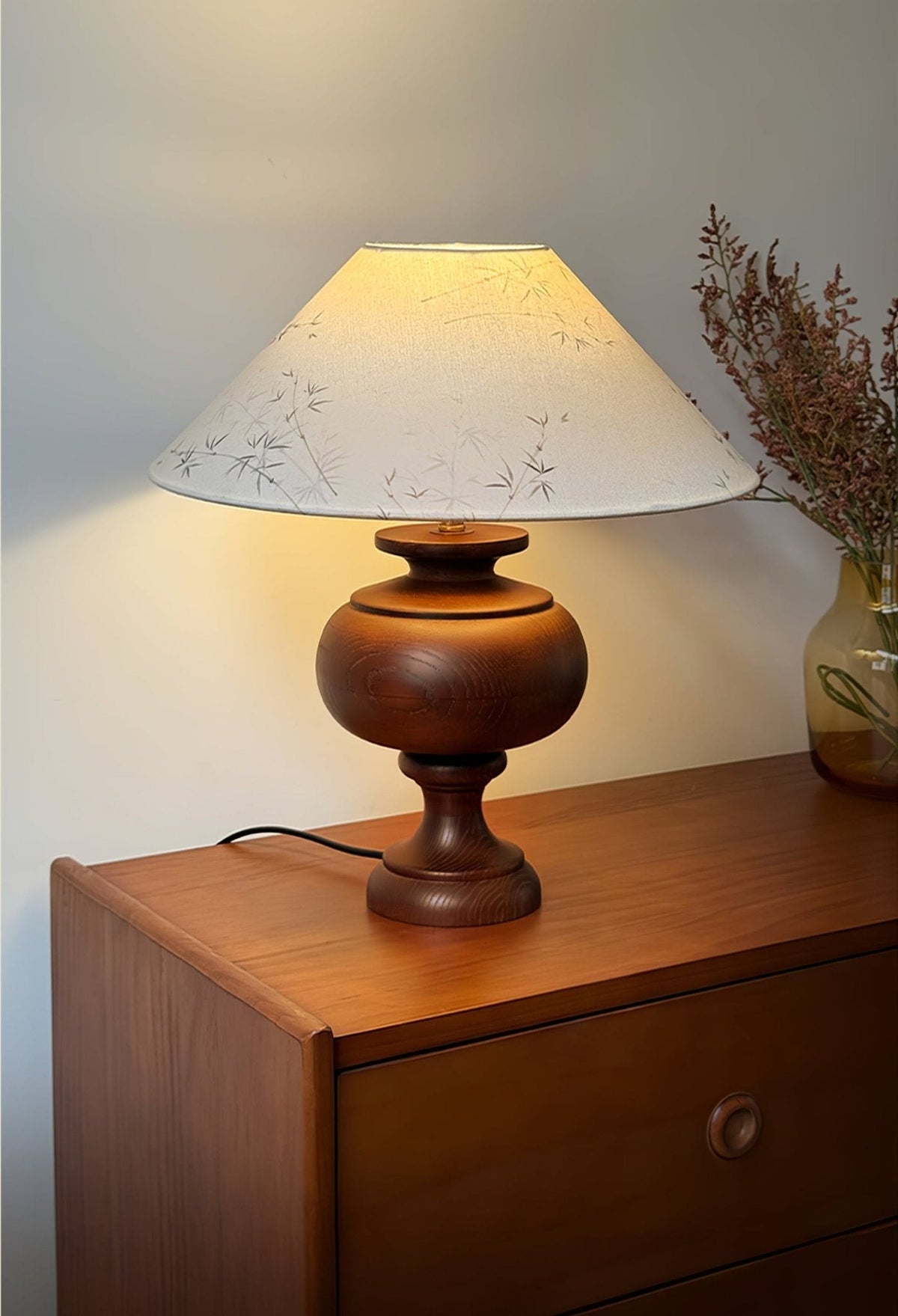 Solbloom Wood Table Lamp with Fabric Shade, Walnut or Black Finish