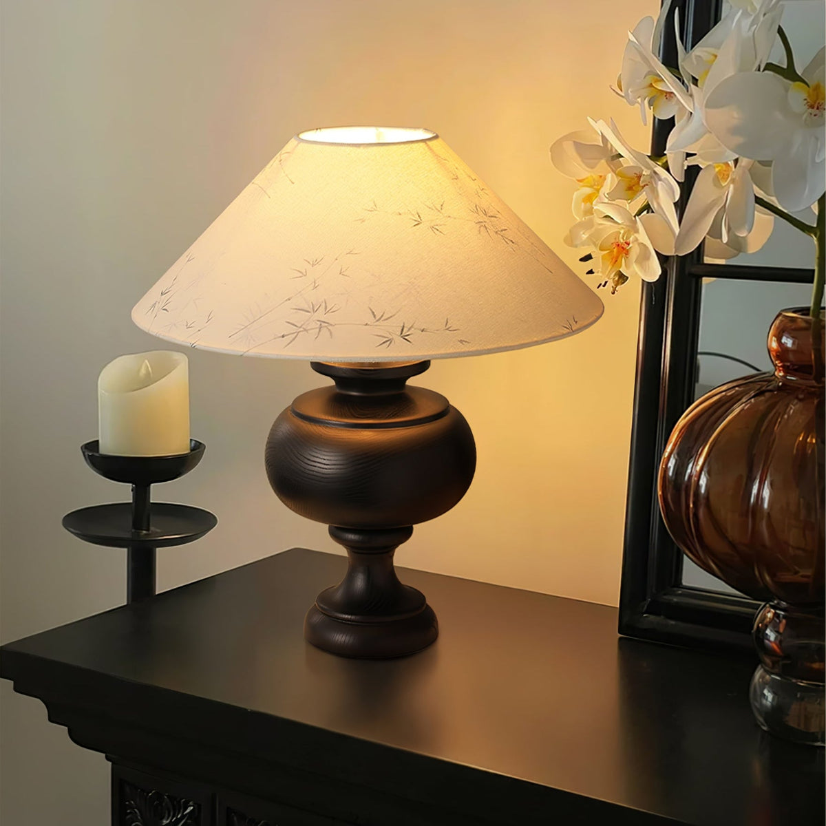 Solbloom Wood Table Lamp with Fabric Shade, Walnut or Black Finish