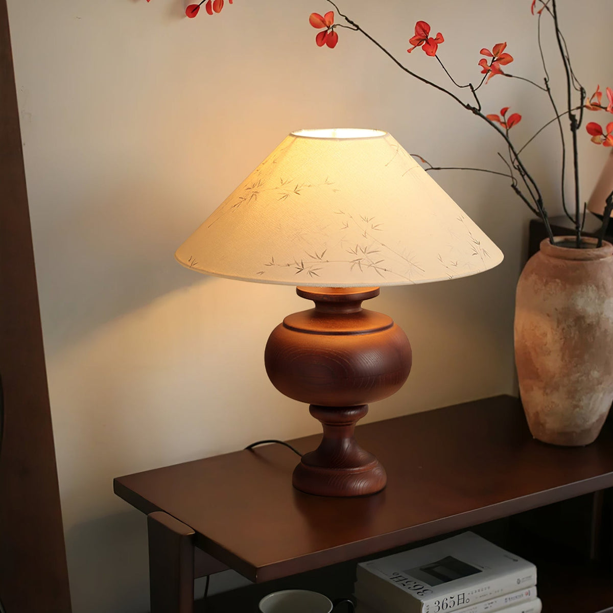 Solbloom Wood Table Lamp with Fabric Shade, Walnut or Black Finish