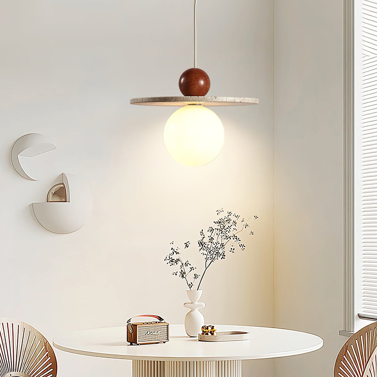Solen Pendant Light in Travertine and Wood – Modern Designer Ceiling Lamp