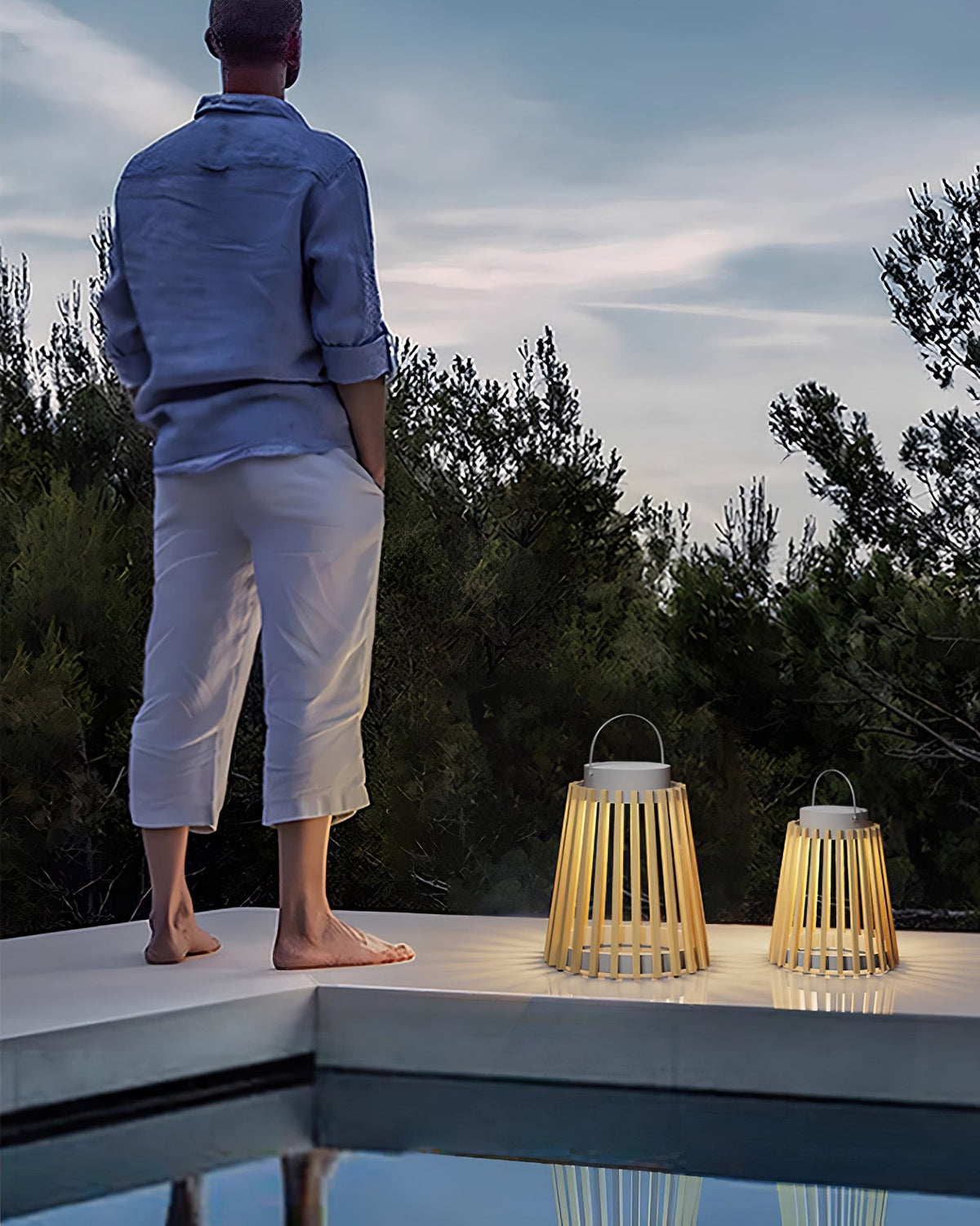 Solene Solar-Powered Outdoor Lantern with Wood-Style Slatted Frame
