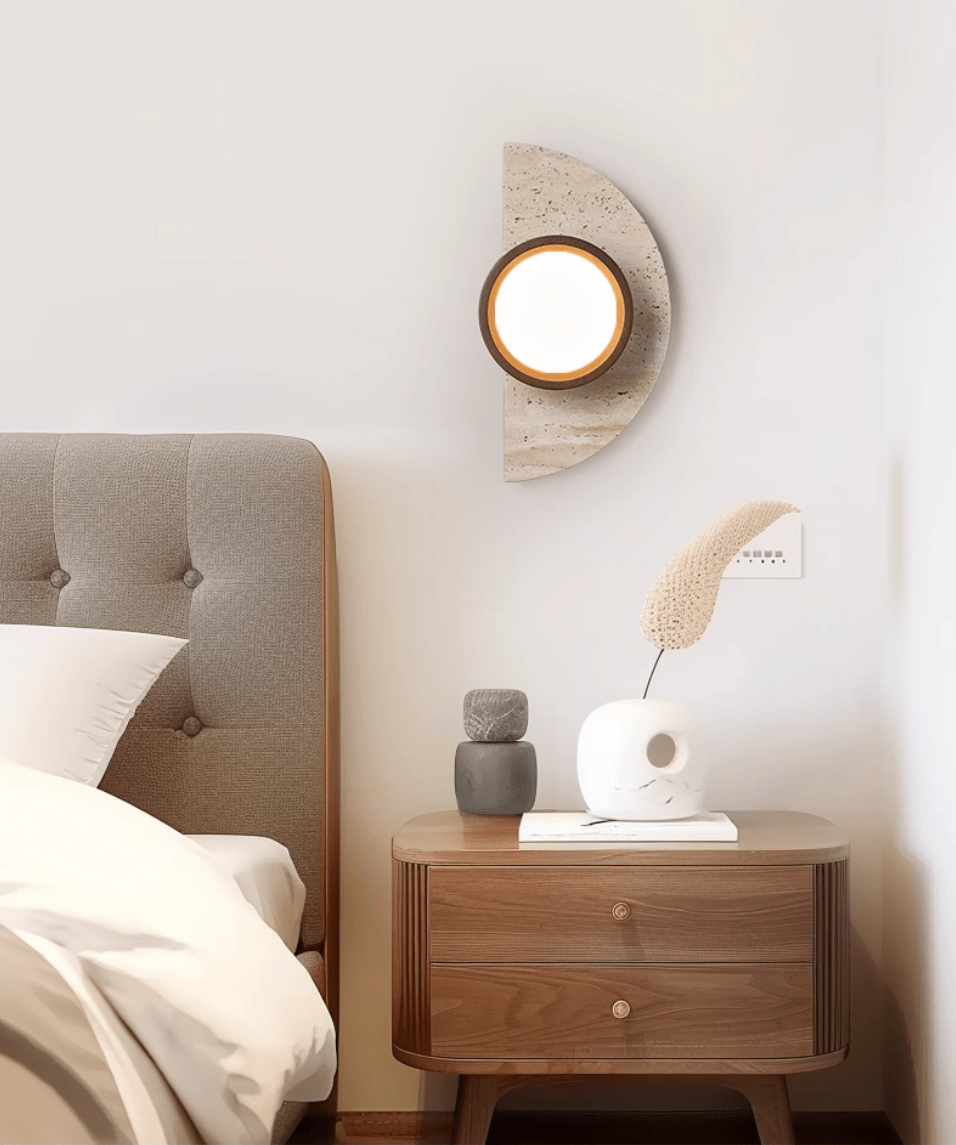Soleners Travertine Wall Sconce with Wooden Shade