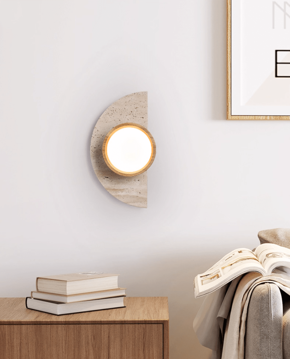 Soleners Travertine Wall Sconce with Wooden Shade