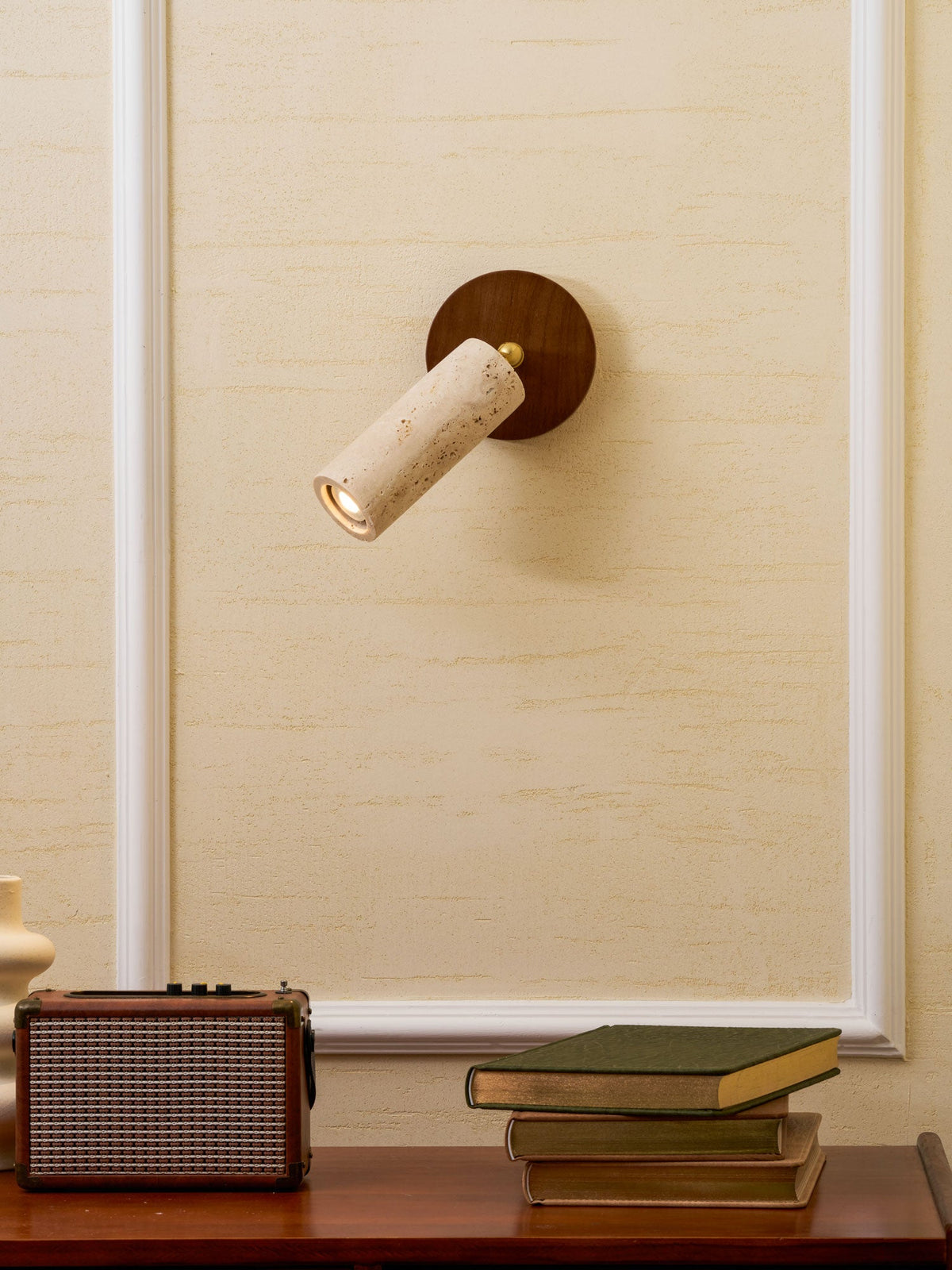 Solis Stone Spotlight in Travertine and Walnut Wood