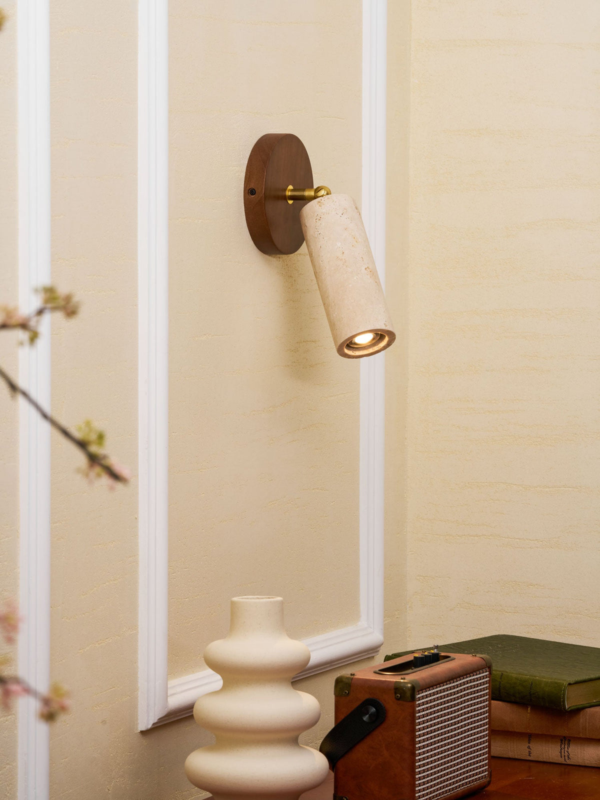 Solis Stone Spotlight in Travertine and Walnut Wood