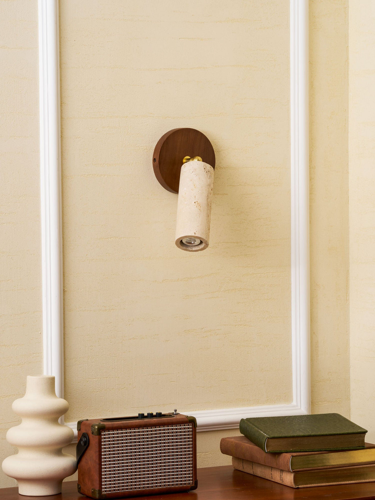 Solis Stone Spotlight in Travertine and Walnut Wood