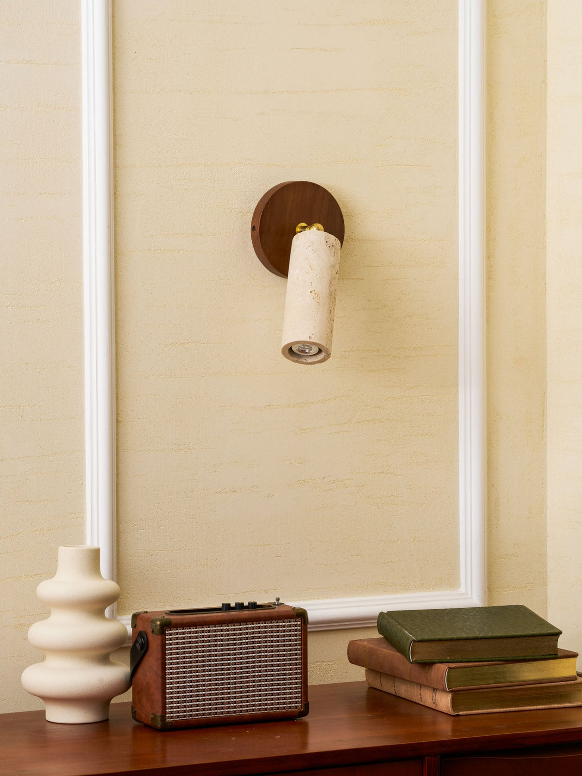 Solis Stone Spotlight in Travertine and Walnut Wood