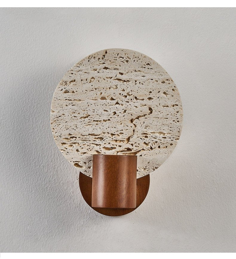 Solis Travertine Round Wall Sconce in Walnut and Yellow Travertine