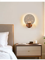 Solis Travertine Round Wall Sconce in Walnut and Yellow Travertine