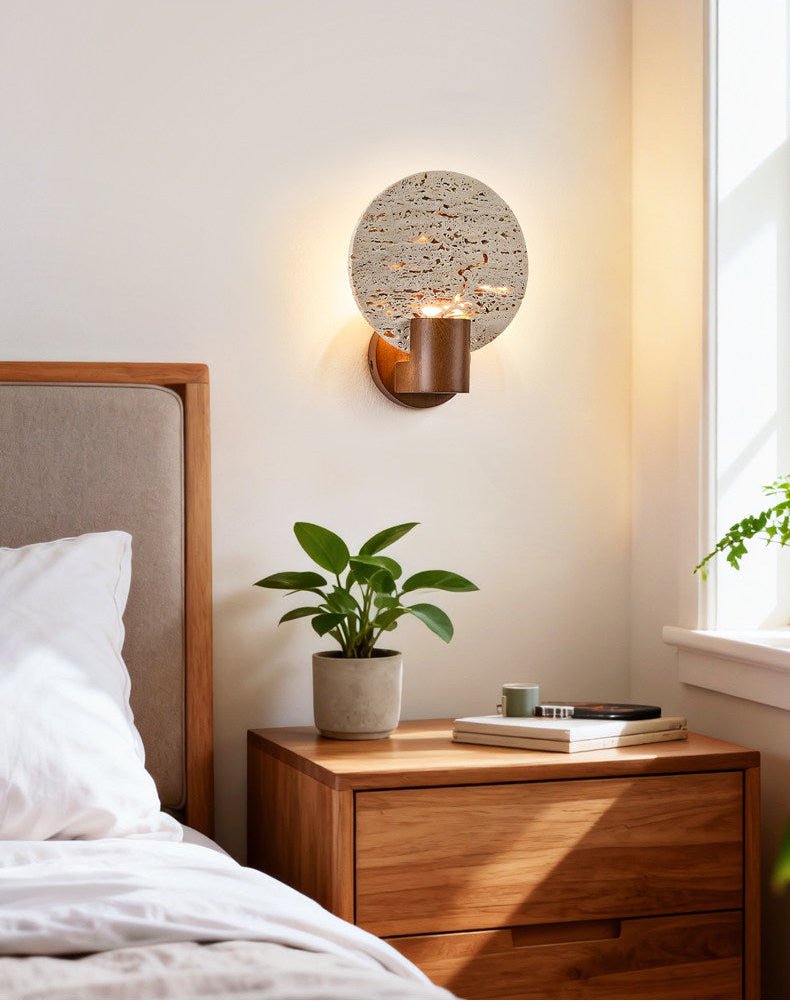 Solis Travertine Round Wall Sconce in Walnut and Yellow Travertine