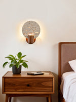Solis Travertine Round Wall Sconce in Walnut and Yellow Travertine