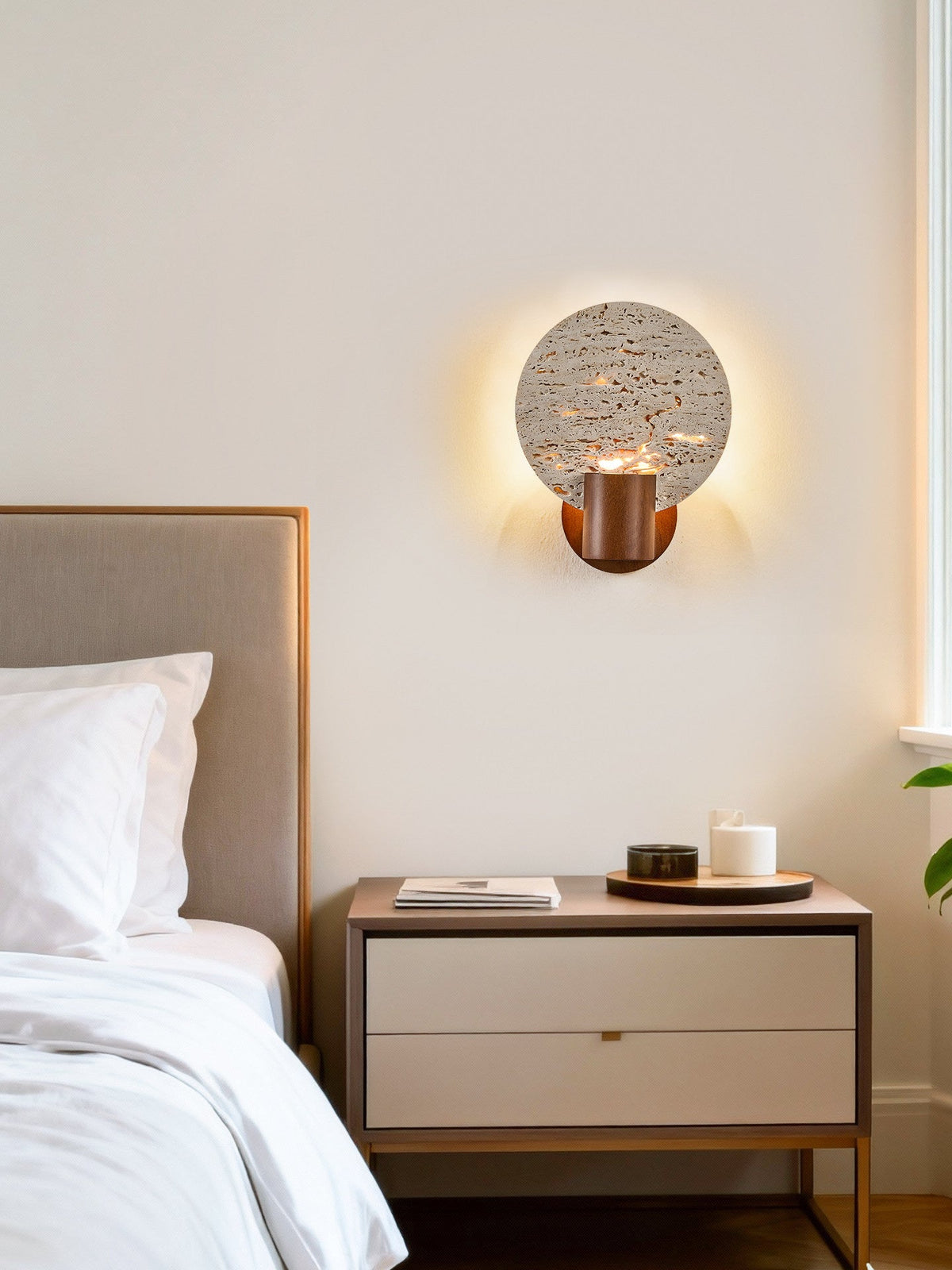 Solis Travertine Round Wall Sconce in Walnut and Yellow Travertine