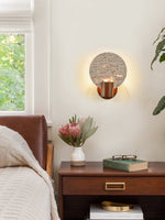 Solis Travertine Round Wall Sconce in Walnut and Yellow Travertine