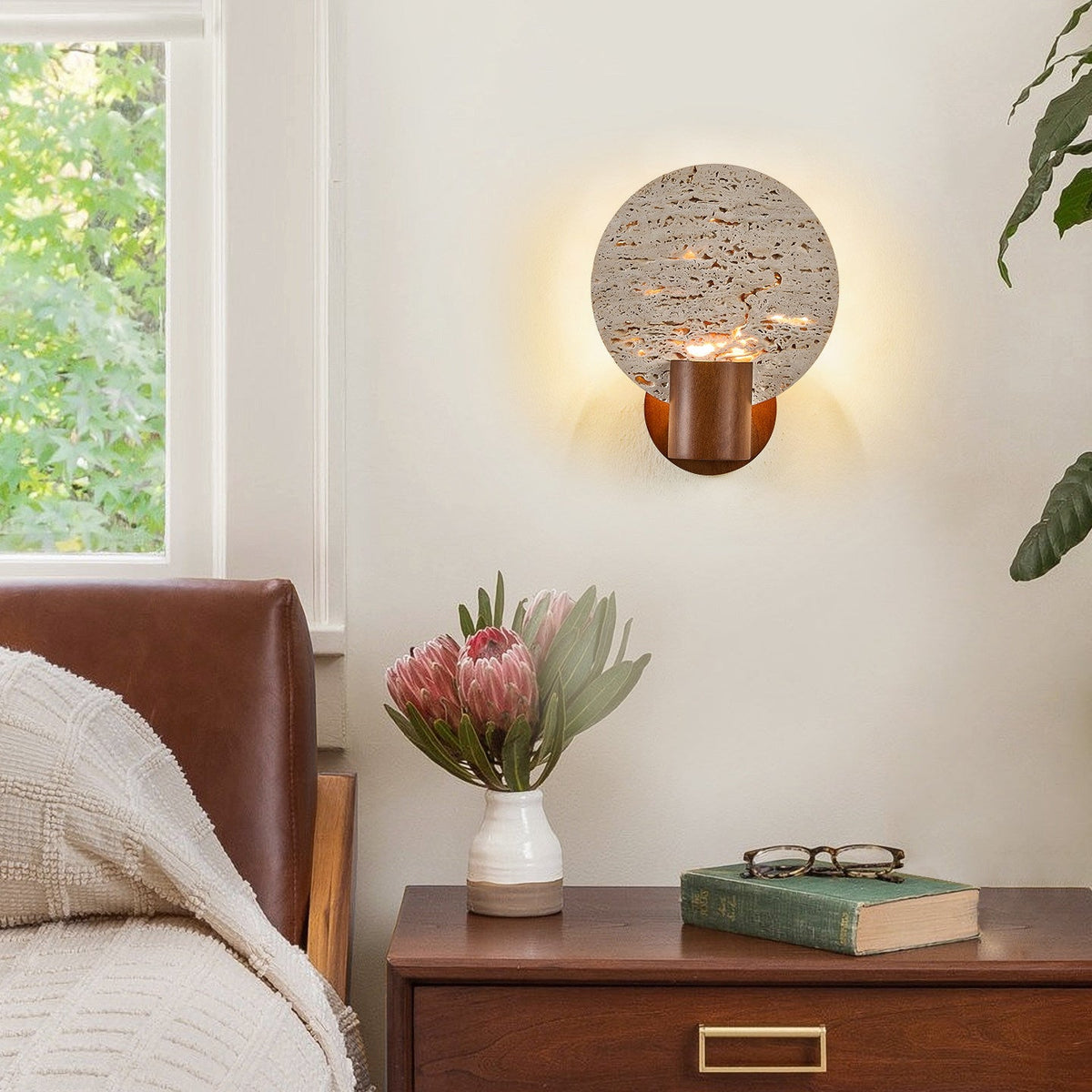 Solis Travertine Round Wall Sconce in Walnut and Yellow Travertine