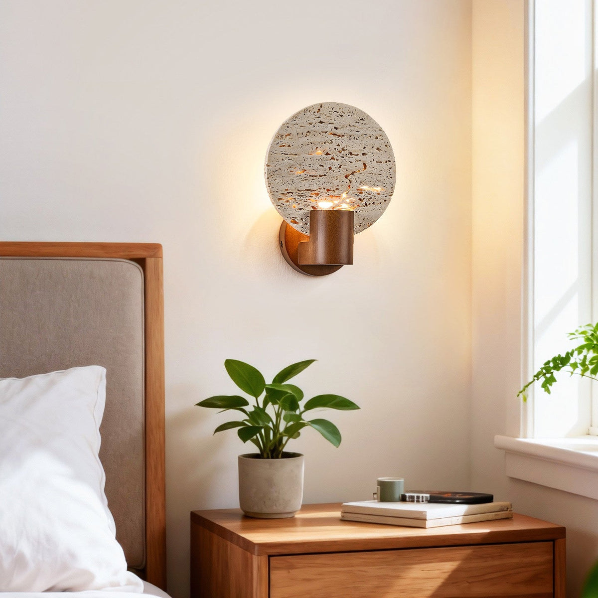 Solis Travertine Round Wall Sconce in Walnut and Yellow Travertine