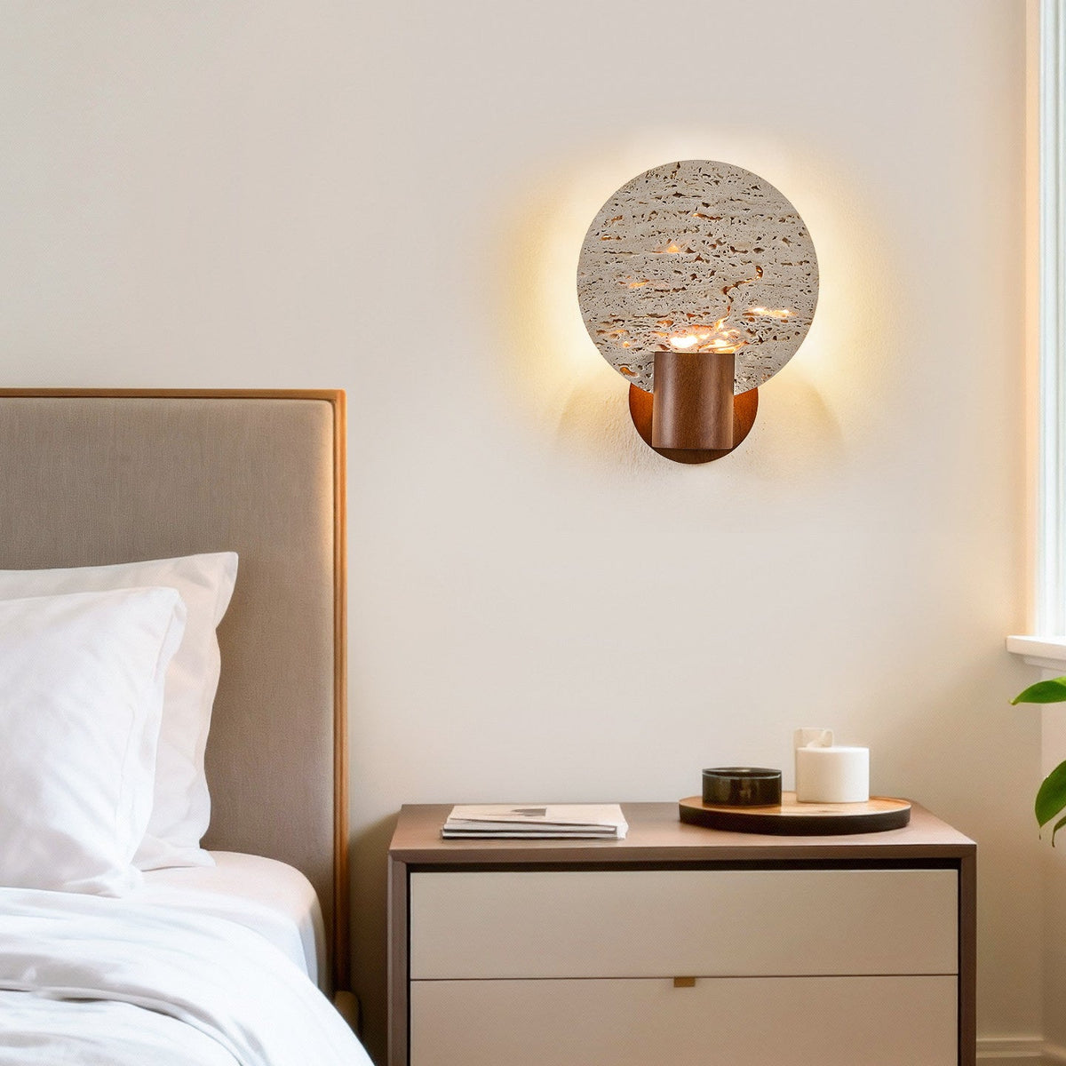 Solis Travertine Round Wall Sconce in Walnut and Yellow Travertine