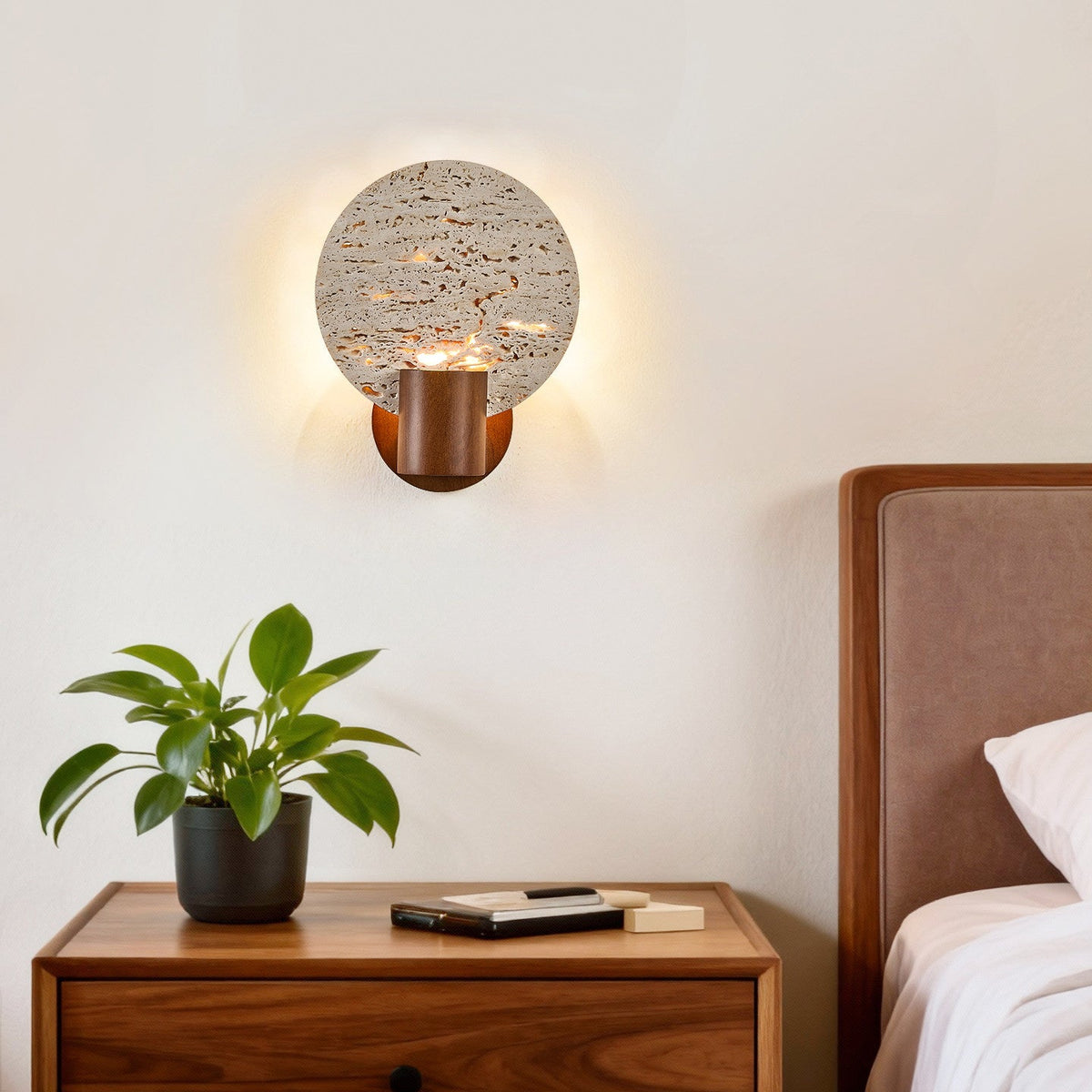 Solis Travertine Round Wall Sconce in Walnut and Yellow Travertine