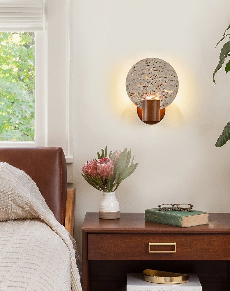Solis Travertine Round Wall Sconce in Walnut and Yellow Travertine