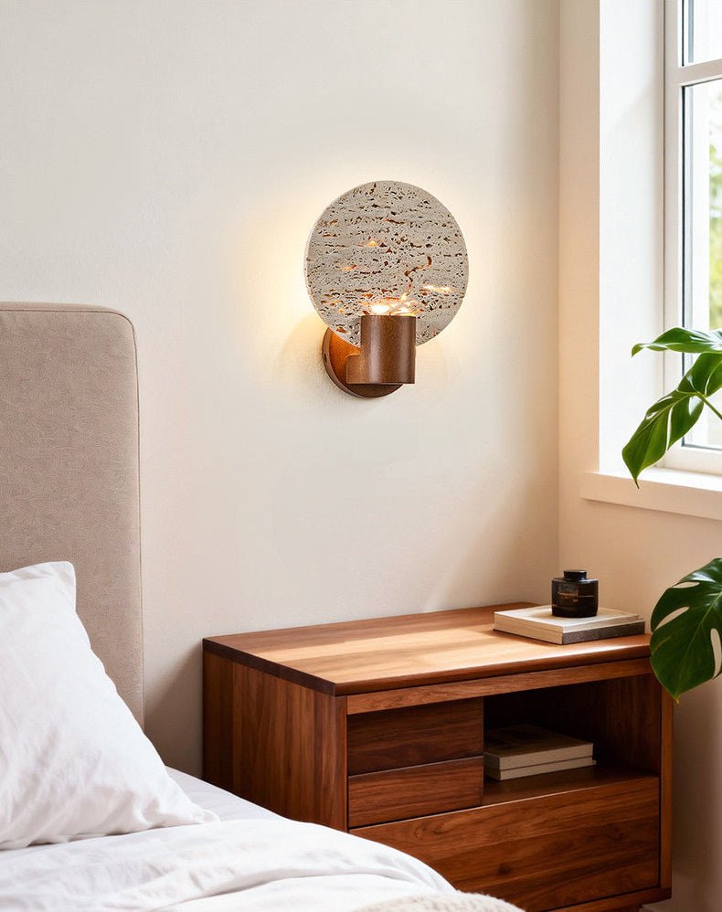 Solis Travertine Round Wall Sconce in Walnut and Yellow Travertine