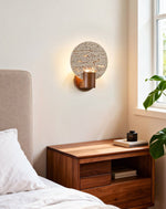 Solis Travertine Round Wall Sconce in Walnut and Yellow Travertine