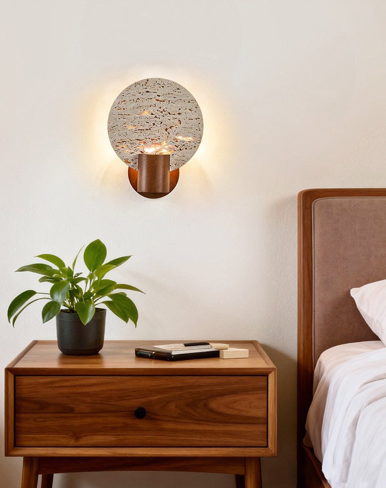 Solis Travertine Round Wall Sconce in Walnut and Yellow Travertine