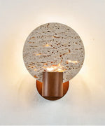Solis Travertine Round Wall Sconce in Walnut and Yellow Travertine