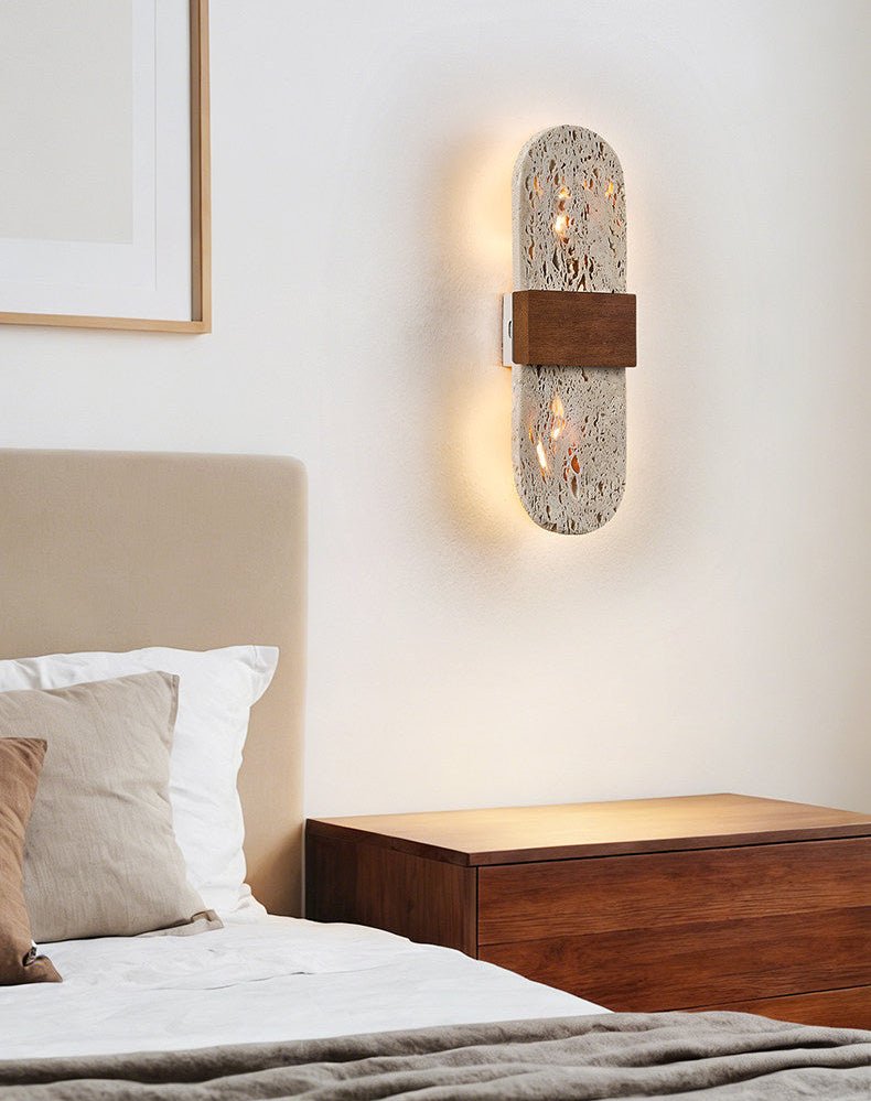 Solis Travertine Wall Sconce with Walnut Accent – Modern LED Wall Light