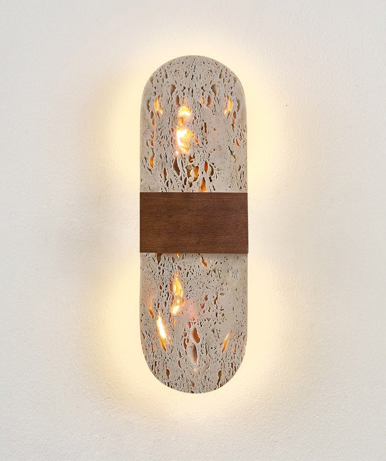 Solis Travertine Wall Sconce with Walnut Accent – Modern LED Wall Light