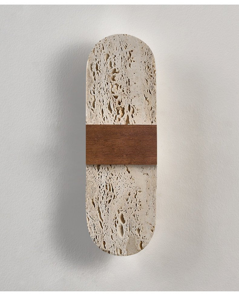 Solis Travertine Wall Sconce with Walnut Accent – Modern LED Wall Light