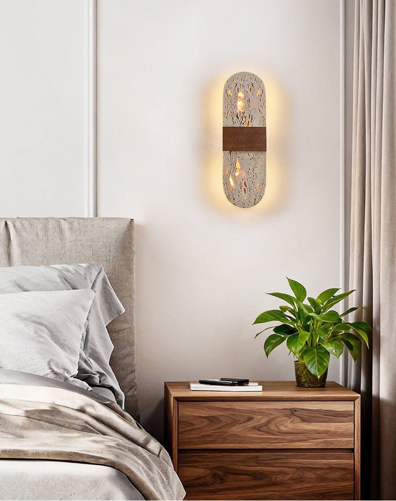 Solis Travertine Wall Sconce with Walnut Accent – Modern LED Wall Light