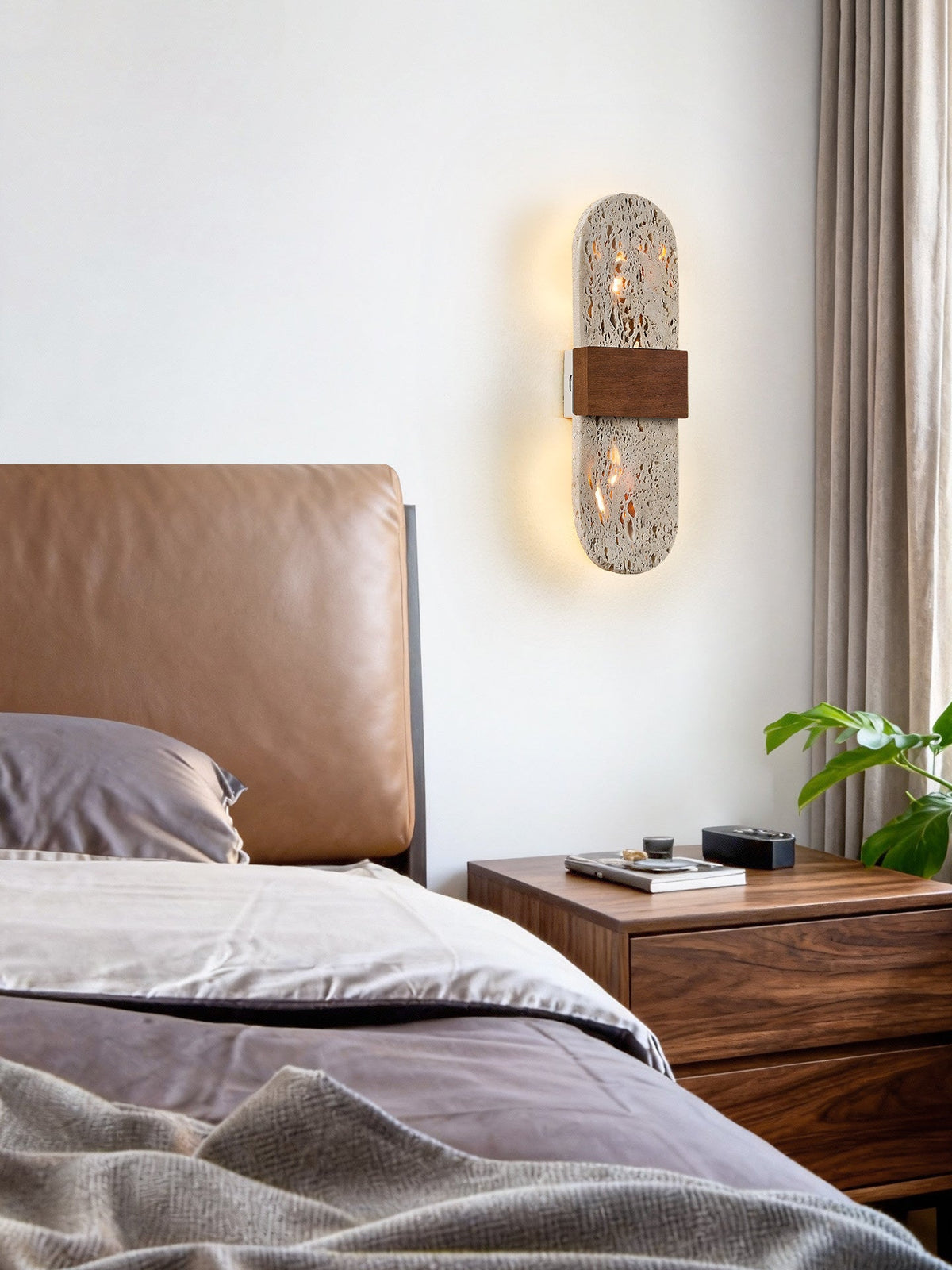 Solis Travertine Wall Sconce with Walnut Accent – Modern LED Wall Light