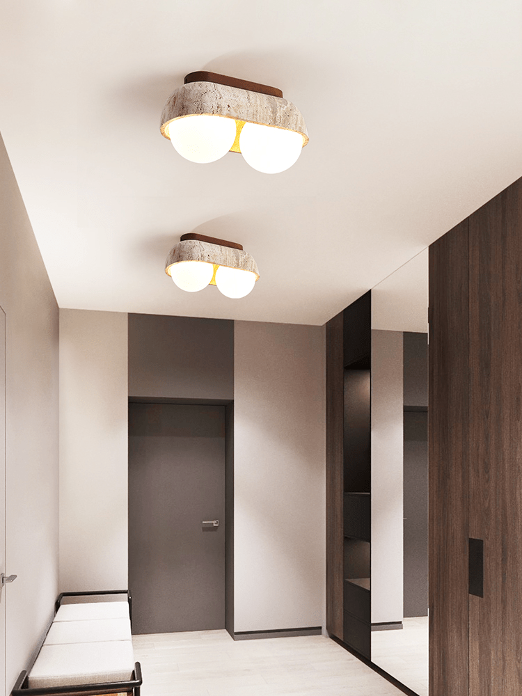Solstice Trio Ceiling Light in Yellow Travertine and Wood