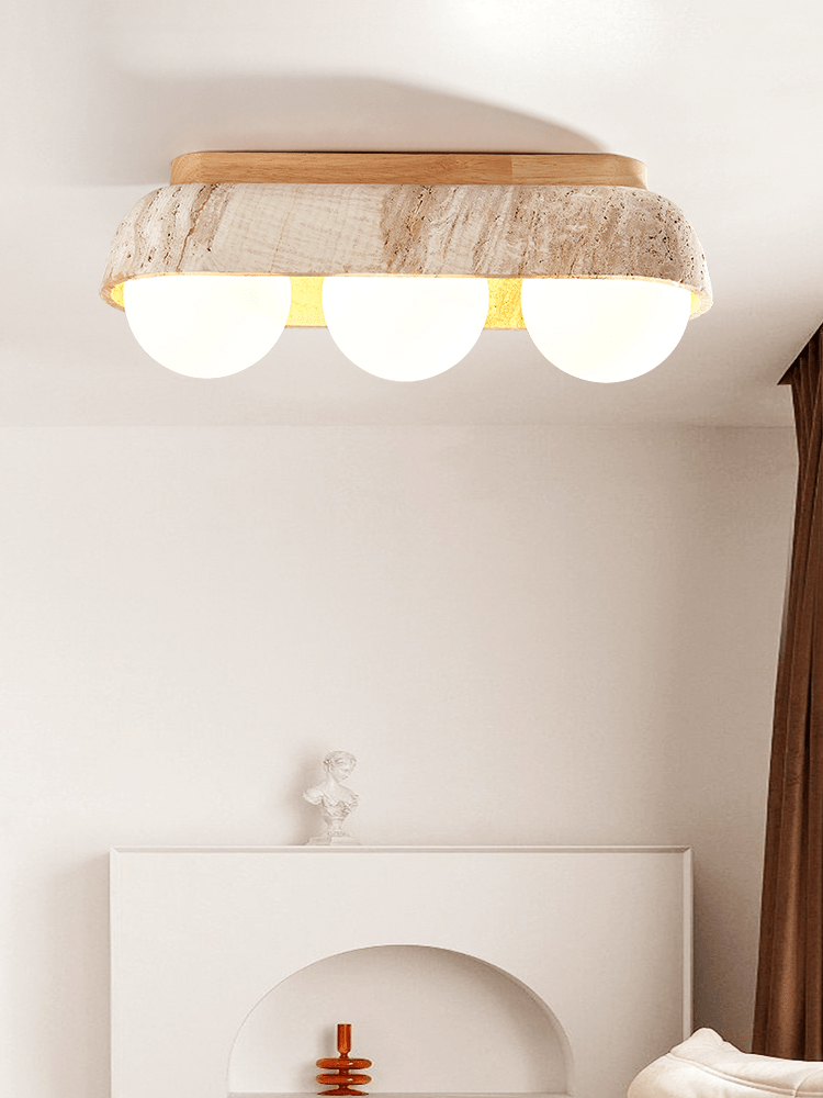 Solstice Trio Ceiling Light in Yellow Travertine and Wood