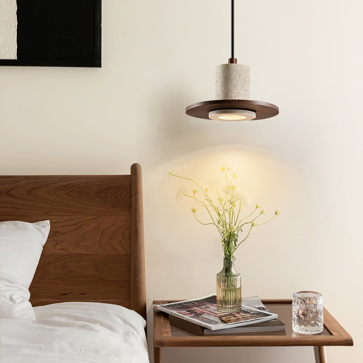 Solstice Core Travertine Pendant Light with Walnut Accent