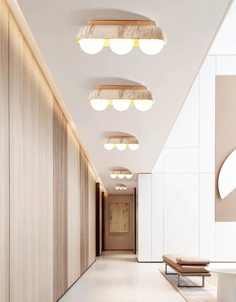 Solstice Trio Ceiling Light in Yellow Travertine and Wood