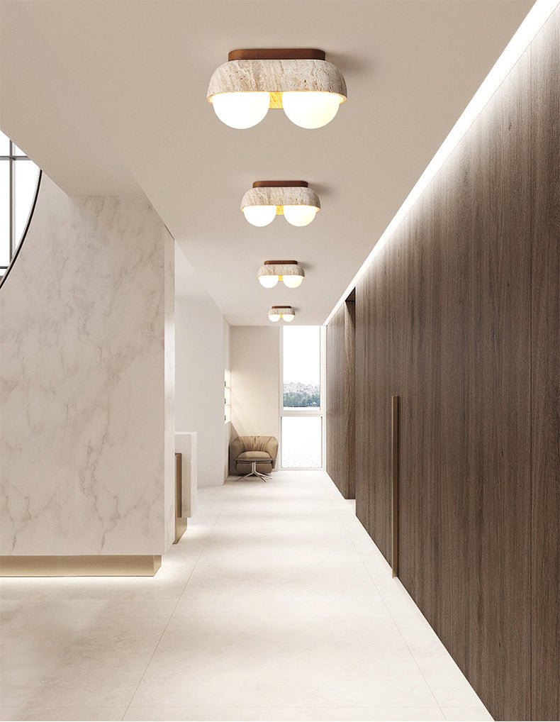 Solstice Trio Ceiling Light in Yellow Travertine and Wood