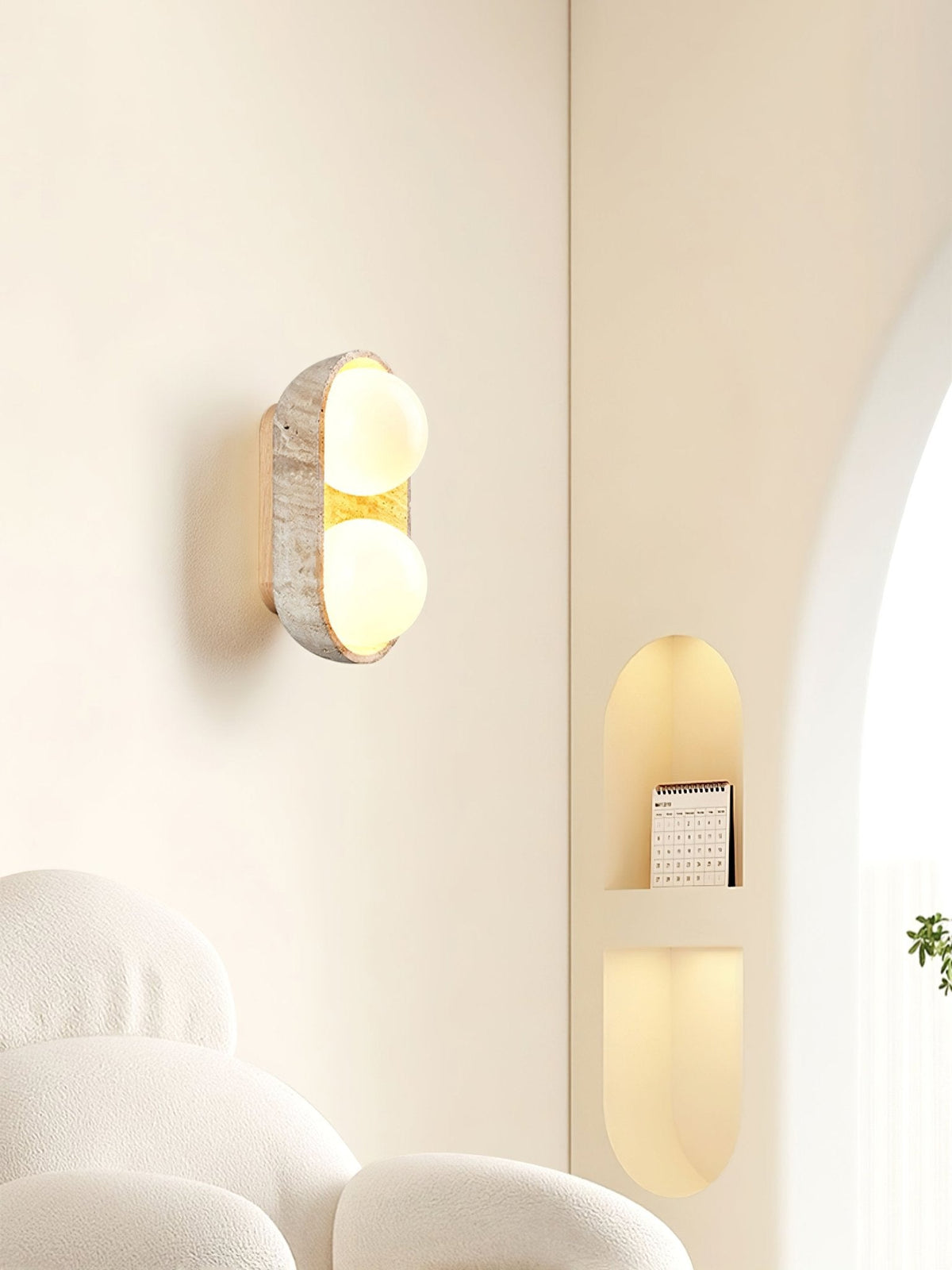 Solstice Trio Wall Sconce in Travertine and Wood – Modern Ambient Lighting