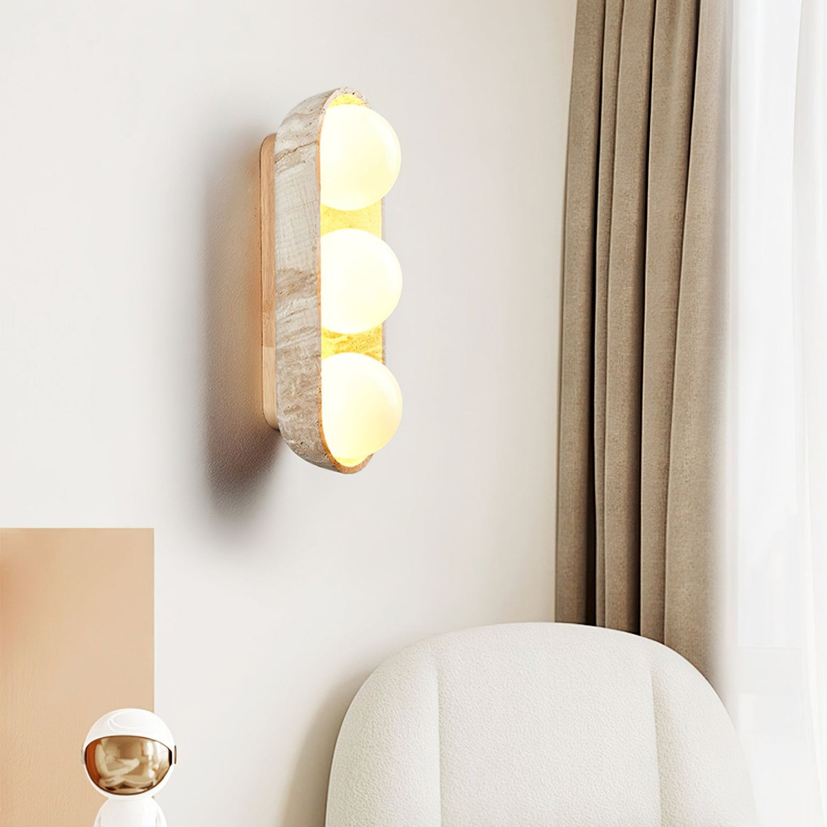Solstice Trio Wall Sconce in Travertine and Wood – Modern Ambient Lighting