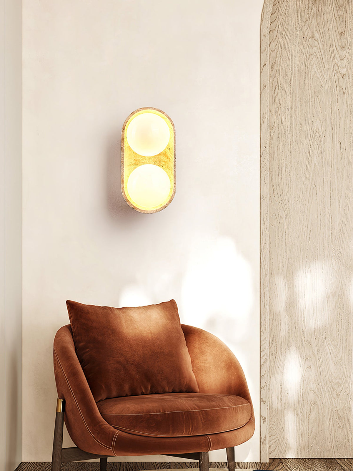 Solstice Trio Wall Sconce in Travertine and Wood – Modern Ambient Lighting