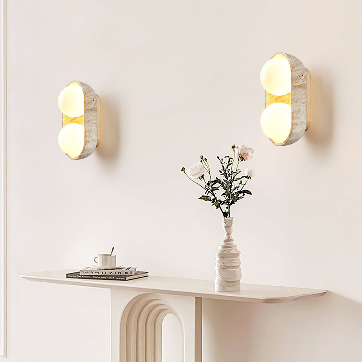 Solstice Trio Wall Sconce in Travertine and Wood – Modern Ambient Lighting
