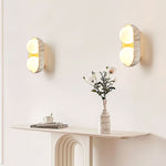 Solstice Trio Wall Sconce in Travertine and Wood – Modern Ambient Lighting