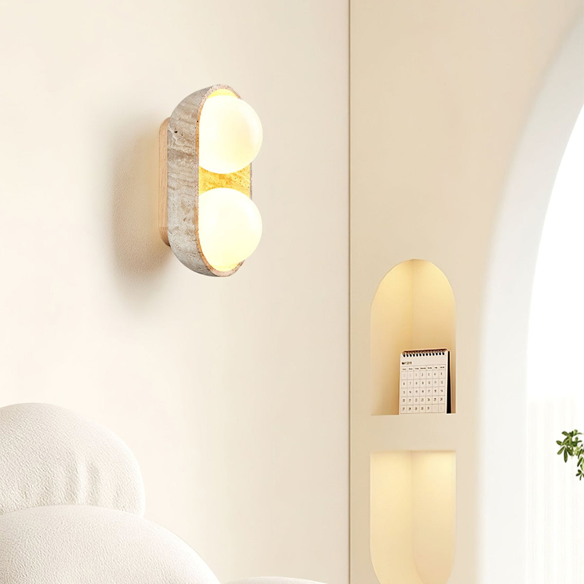 Solstice Trio Wall Sconce in Travertine and Wood – Modern Ambient Lighting
